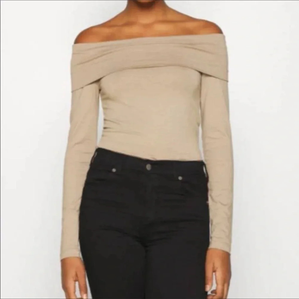 Vero Moda Tan Brown Mink Panda Off The Shoulder Long Sleeve Top Blouse Shirt v6x